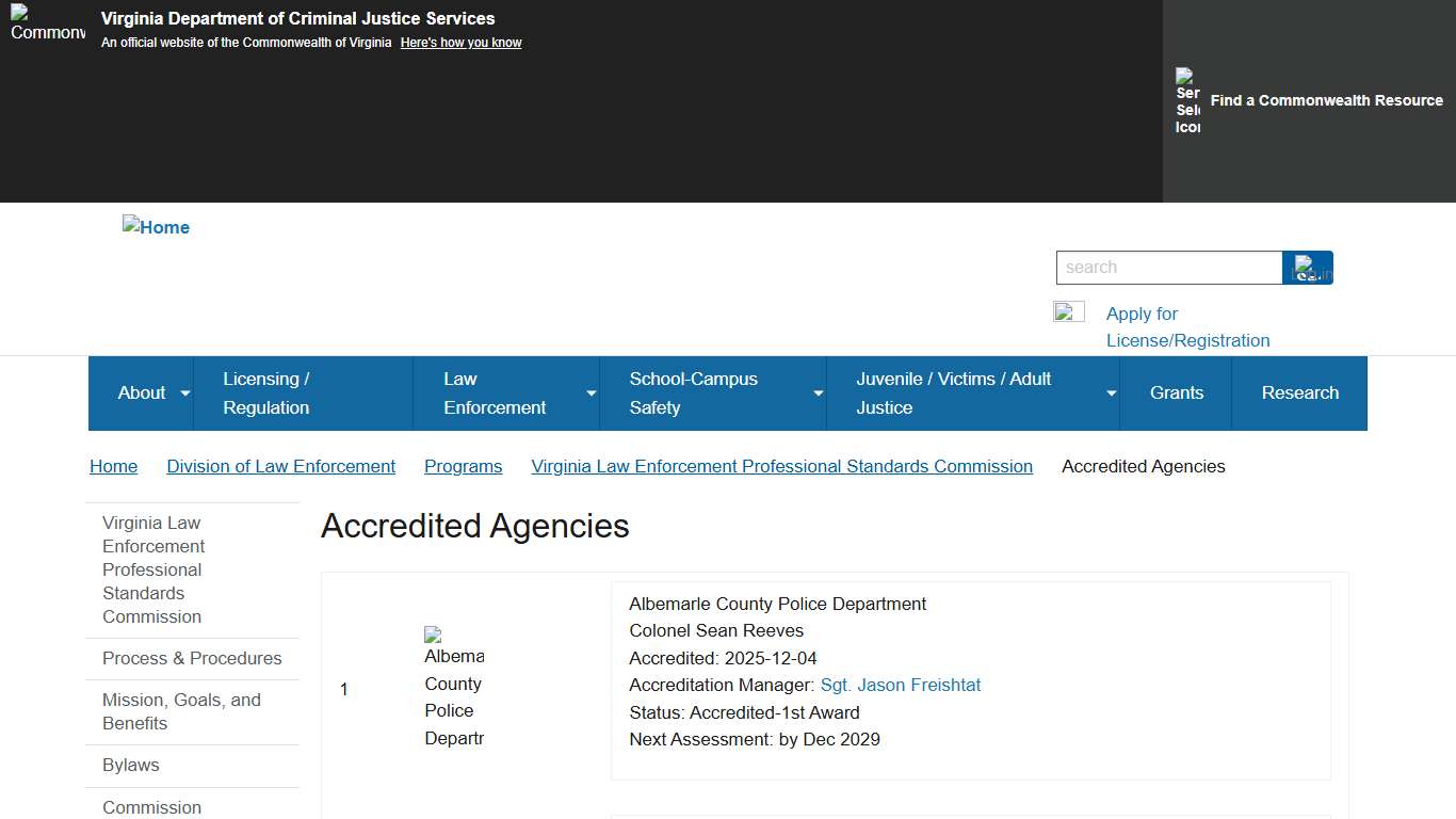 Accredited Agencies | Virginia Department of Criminal Justice Services